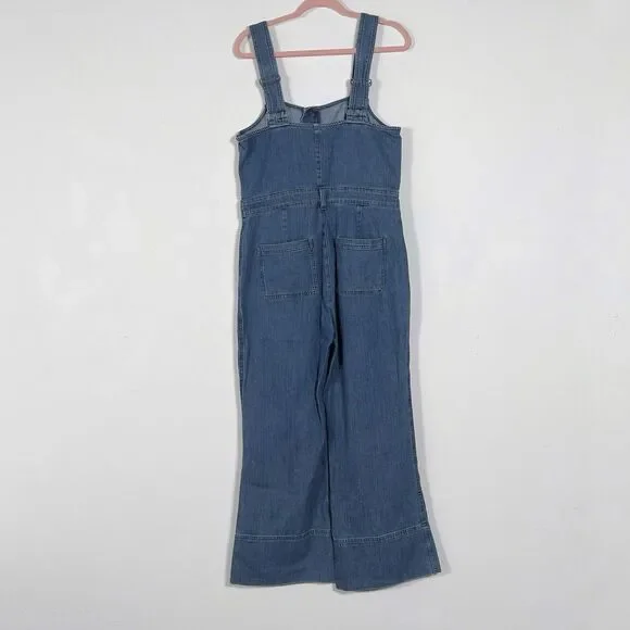 Aerie Denim Kick Flare Overalls Wide Leg Jumpsuit Womens Sz L Blue Button Front - Picture 5 of 16